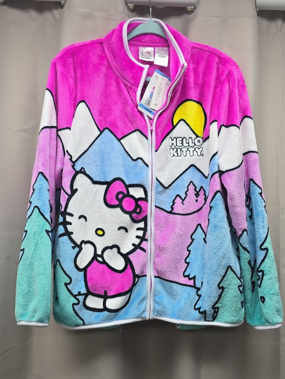 Hello Kitty Wimens Size L Pink Aqua Purple Fleece Zip Jacket